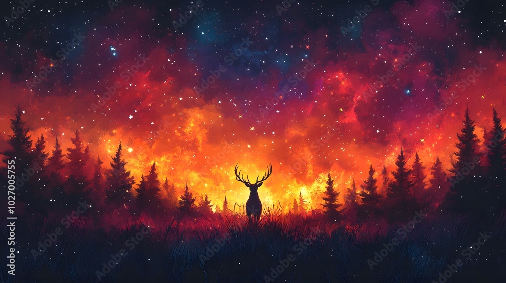 Obraz premium A majestic deer stands silhouetted against a vibrant, cosmic night sky, filled with stars and rich colors, surrounded by dark forest silhouettes.
