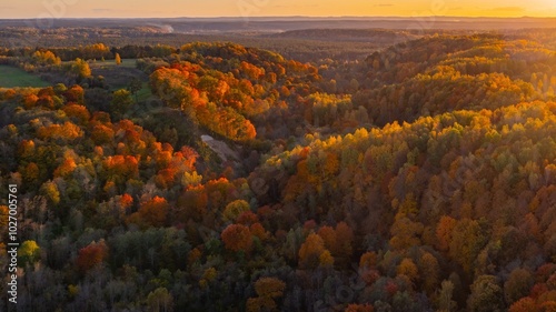 Autumnal Equinox Northern Hemisphere. Autumnal Equinox Southern Hemisphere. Winter Solstice. Autumn Foliage with Brilliant Red and Orange Leaves - Aerial Shot in Neris regioninis parkas Lithuania photo