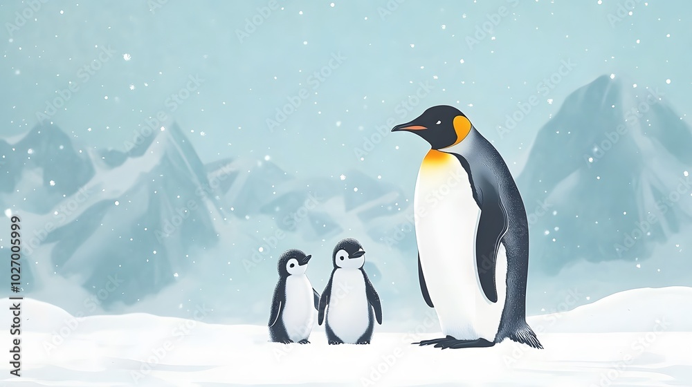 Fototapeta premium A charming scene of an emperor penguin with its two chicks in a snowy landscape, reflecting the beauty of Antarctic wildlife.