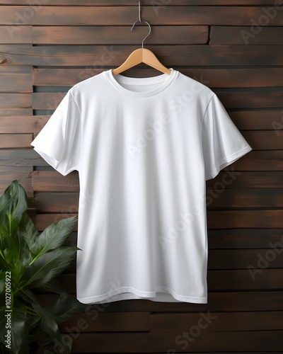 A simple, white t-shirt displayed on a wooden hanger against a rustic backdrop, complemented by greenery at the bottom. photo