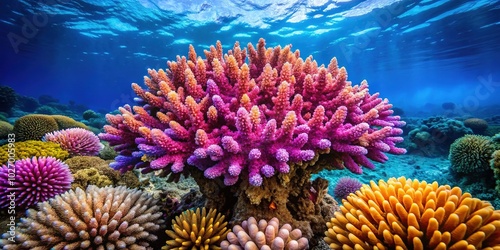 Vibrant Acropora Hyacinthus Coral in Crystal Clear Tropical Waters of the Coral Reef Ecosystem