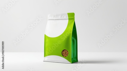 Minimalistic green and white food packaging pouch on a plain background