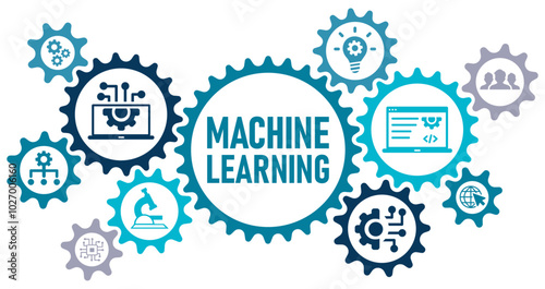 Machine learning concept banner website web icons vector illustration with an icons of technology, engineering, algorithm, data analytics, clustering, computer science, on white background