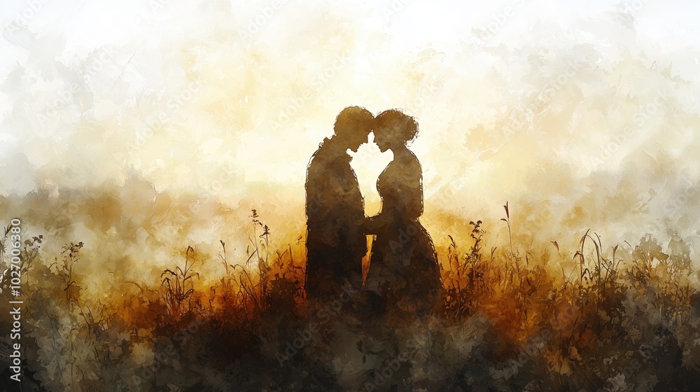 Fototapeta premium Serene Embrace of Two Figures in a Golden Glow
