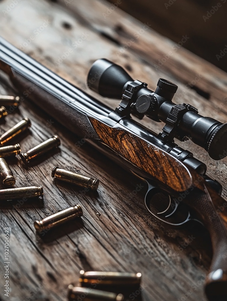 Obraz premium A finely crafted firearm rests on a wooden surface, accompanied by its meticulously arranged ammunition, highlighting its exquisite design and artistry.