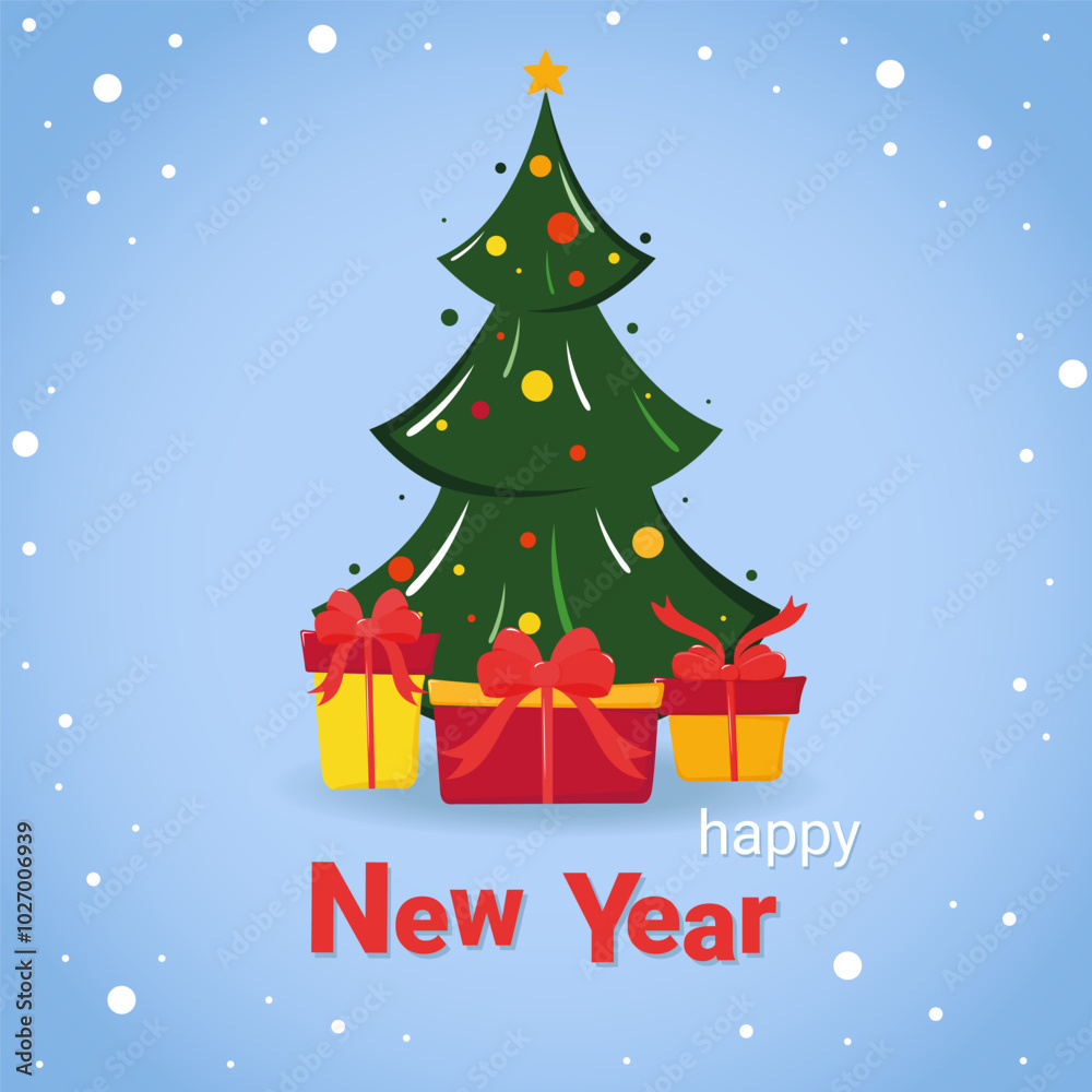 Happy New Year. A poster with a Christmas tree and gifts. Happy New Year. A poster with a Christmas tree and gifts.