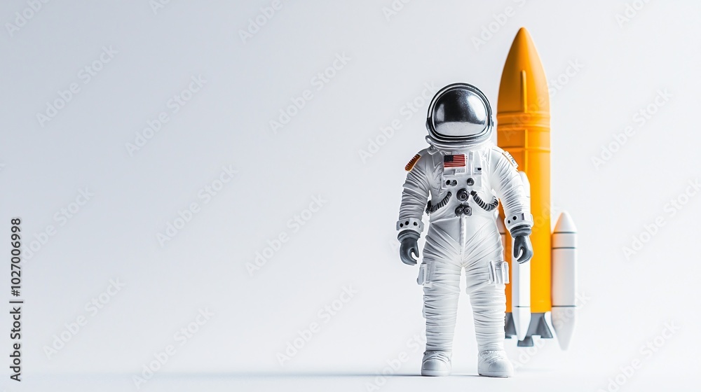 A futuristic travel concept is represented by a model rocket and an astronaut figurine against a white backdrop, embodying the idea of space exploration. A futuristic travel concept is represented by a model rocket and an astronaut figurine against a white backdrop, embodying the idea of space exploration.