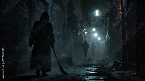 Grim Reaper Standing in a Dark, Smoky Alleyway Dimly Lit by Flickering Streetlights