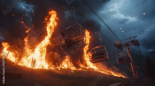 Ski Lift engulfed in flames during summer thunderstorm. photo