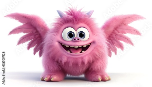 Adorable pink monster with fluffy fur and wings, a cheerful grin, and playful horns. Delightful 3D creature!