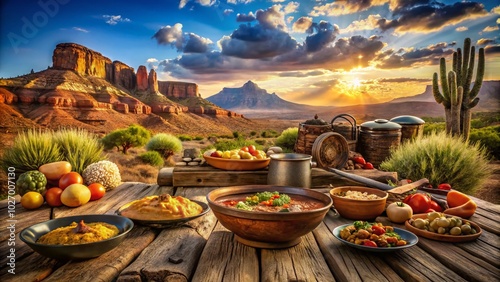 Rustic Wild West Food Photography Amidst Desert Landscape for Authentic Culinary Experience