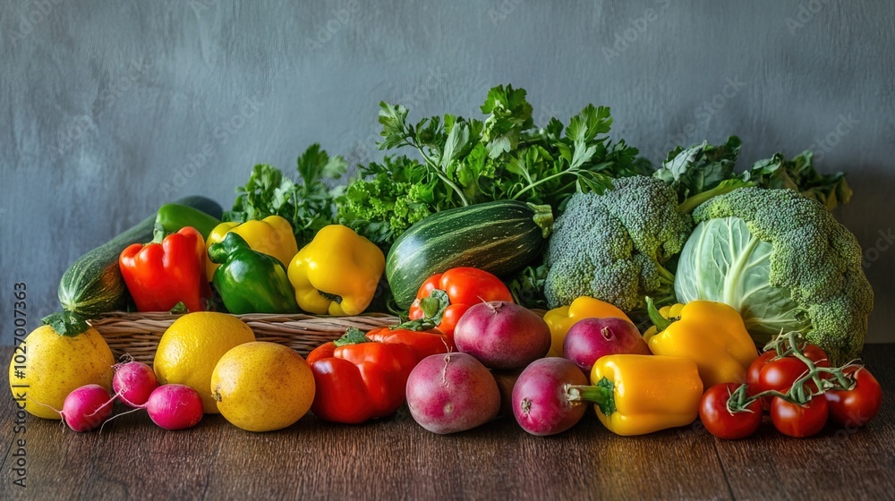 Close-up of vibrant fresh vegetables and fruits on wooden table, healthy blood pressure foods, natural nutrition and wellness concept. Close-up of vibrant fresh vegetables and fruits on wooden table, healthy blood pressure foods, natural nutrition and wellness concept.