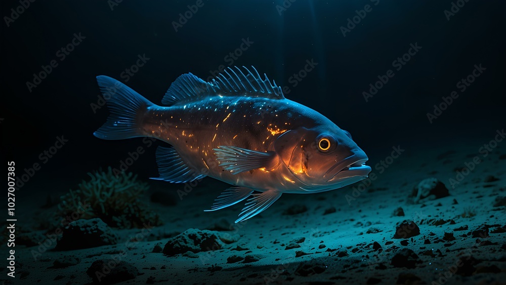Bioluminescent Fish Glowing in a Dark Ocean Trench – Deep-Sea Life Exploration Bioluminescent Fish Glowing in a Dark Ocean Trench – Deep-Sea Life Exploration