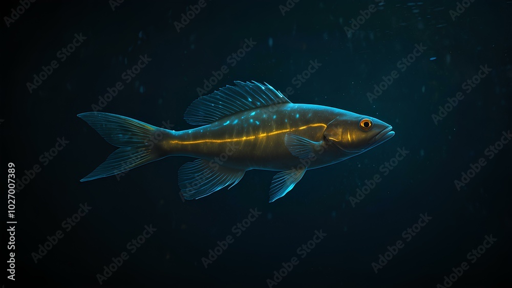 Fototapeta premium Bioluminescent Fish Glowing in a Dark Ocean Trench – Deep-Sea Life Exploration