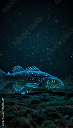 Bioluminescent Fish Glowing in a Dark Ocean Trench – Deep-Sea Life Exploration photo