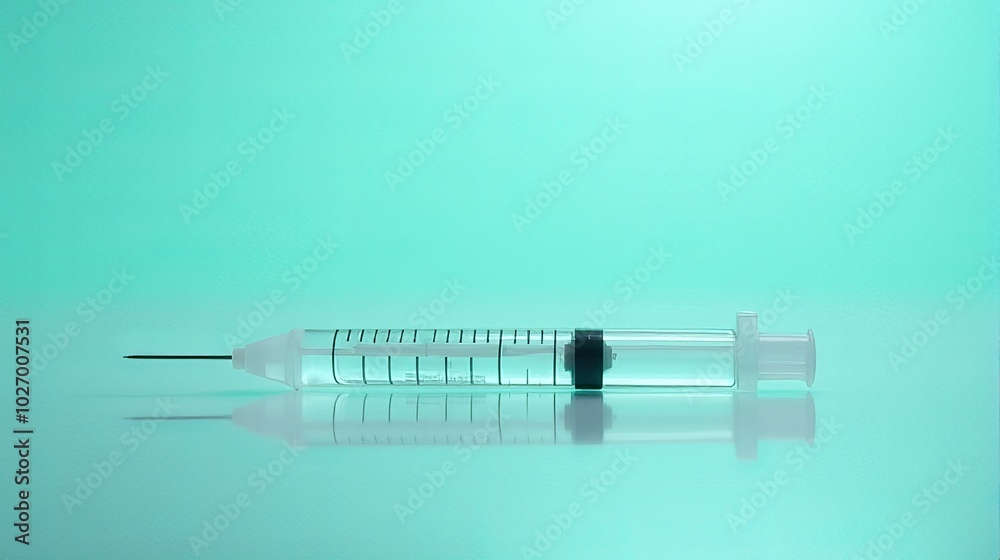 Close Up of a Medical Syringe Lying on a Reflective Surface Close Up of a Medical Syringe Lying on a Reflective Surface