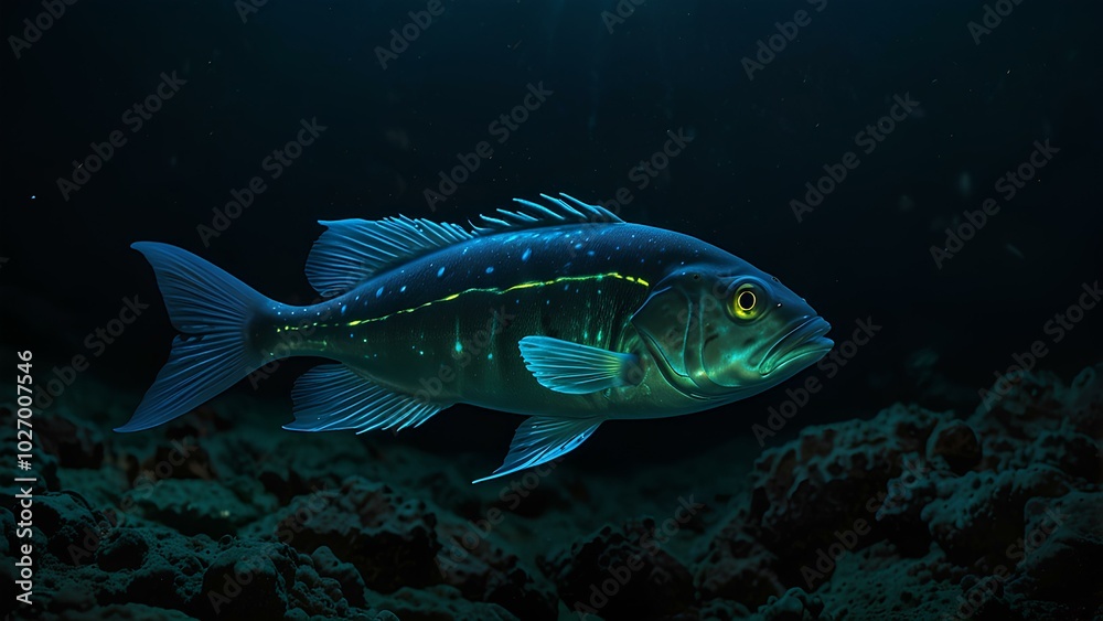 Bioluminescent Fish Glowing in a Dark Ocean Trench – Deep-Sea Life Exploration Bioluminescent Fish Glowing in a Dark Ocean Trench – Deep-Sea Life Exploration