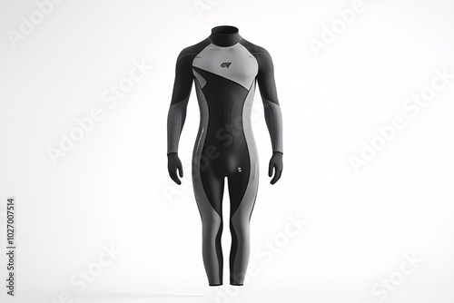 A sleek wetsuit is showcased against a clean white backdrop, highlighting its stylish design and practical features for water sports aficionados.