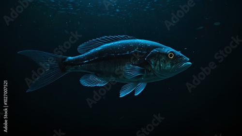 Bioluminescent Fish Glowing in a Dark Ocean Trench – Deep-Sea Life Exploration photo