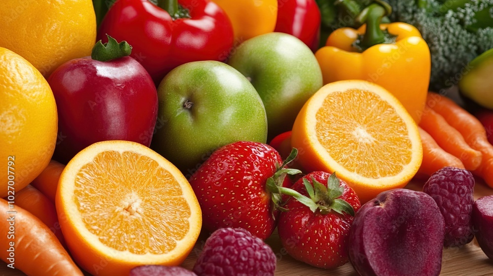 Close-up of vibrant fresh vegetables and fruits on wooden table, healthy blood pressure foods, natural nutrition and wellness concept. Close-up of vibrant fresh vegetables and fruits on wooden table, healthy blood pressure foods, natural nutrition and wellness concept.
