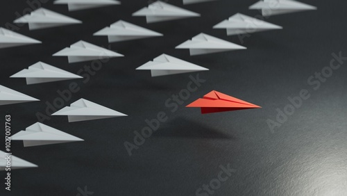 Different business concept.new ideas. paper art style. creative idea.Leaderplane concept. Red leader paper plane leading among white.3D rendering on black background.
