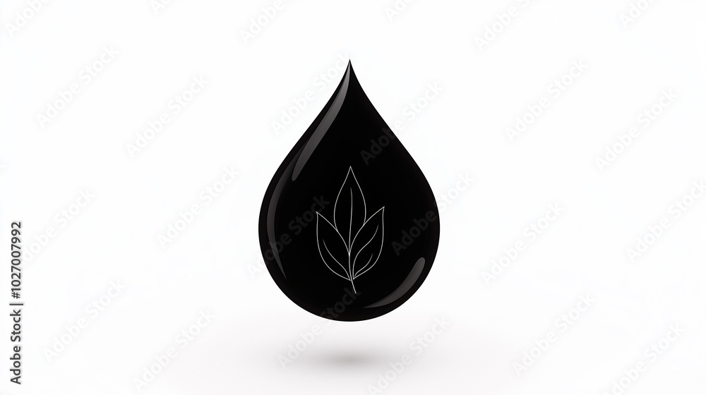 Black oil droplet with minimalist leaf inside Black oil droplet with minimalist leaf inside