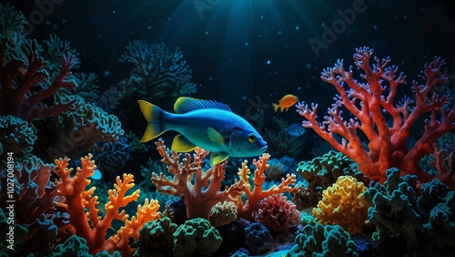 Coral Reef at Night with a Radiant Glowing Fish – Marine Life in the Dark photo