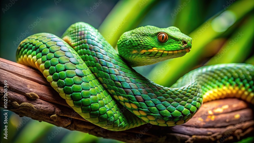 Vibrant Green Viper Snake Coiled on a Branch in Natural Habitat with Lush Green Background Vibrant Green Viper Snake Coiled on a Branch in Natural Habitat with Lush Green Background