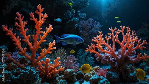 Coral Reef at Night with a Radiant Glowing Fish – Marine Life in the Dark photo