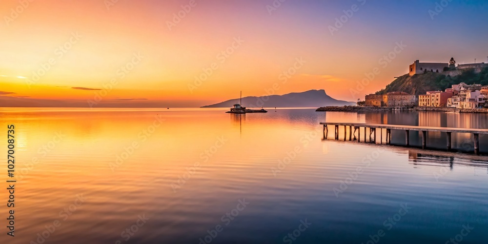 Scenic Minimalist Sunrise over Castellammare del Golfo Bay, Sicily - Serene Pier and Town View Scenic Minimalist Sunrise over Castellammare del Golfo Bay, Sicily - Serene Pier and Town View
