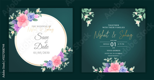 Watercolor Floral square Wedding Invitation card Set for Save the Date & party invite