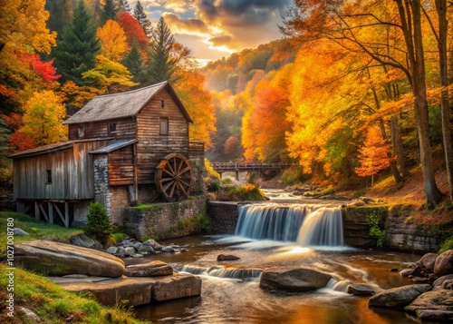 Scenic Old Mill by a Tranquil Stream in Autumn - Nature Photography photo