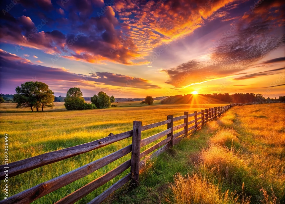 Scenic Sunset Over a Fence in the Field with Dynamic Shadows Scenic Sunset Over a Fence in the Field with Dynamic Shadows