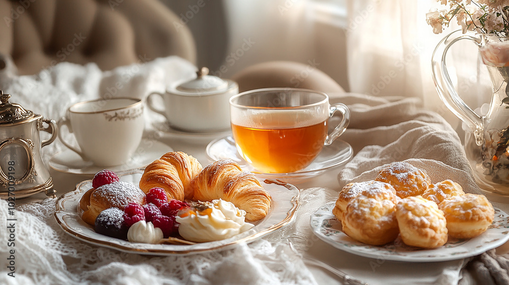 Cozy afternoon tea with a cup of tea and pastries Cozy afternoon tea with a cup of tea and pastries