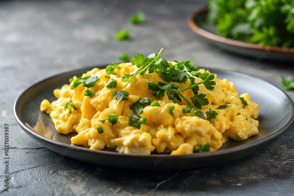 Scrambled Eggs with Parsley on Gray Background - Breakfast Brunch Delight Scrambled Eggs with Parsley on Gray Background - Breakfast Brunch Delight
