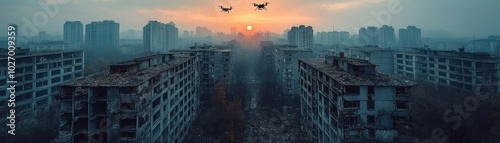 High-angle view of a cracked cityscape, drones hovering above abandoned buildings, stark minimalism photo