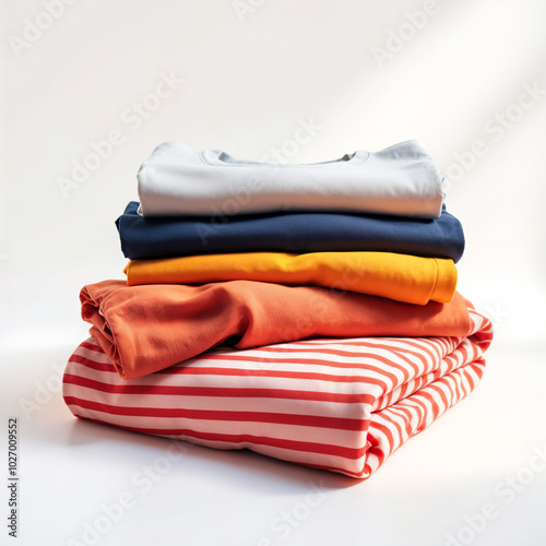 a stack of folded clothes on a white surface. There are some folded clothes in stack being a grey t-shirt