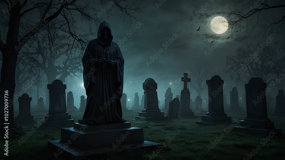 Grim Reaper Silhouette in a Foggy Cemetery at Midnight under the Moonlight Grim Reaper Silhouette in a Foggy Cemetery at Midnight under the Moonlight