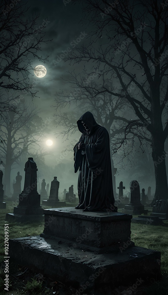 Grim Reaper Silhouette in a Foggy Cemetery at Midnight under the Moonlight Grim Reaper Silhouette in a Foggy Cemetery at Midnight under the Moonlight