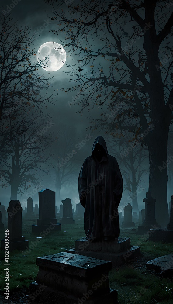 Grim Reaper Silhouette in a Foggy Cemetery at Midnight under the Moonlight Grim Reaper Silhouette in a Foggy Cemetery at Midnight under the Moonlight