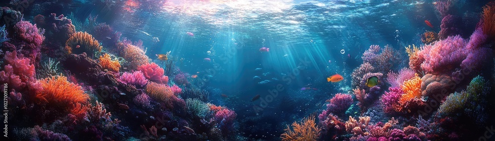 Fototapeta premium Tilted view of a fantasy ocean realm, ethereal creatures swimming amidst glowing coral, surreal lighting