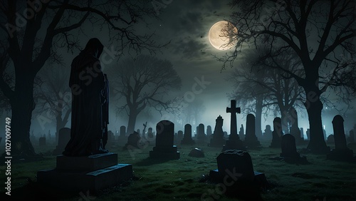 Grim Reaper Silhouette in a Foggy Cemetery at Midnight under the Moonlight photo