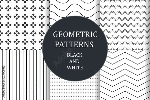 Set of 6 black and white geometric pattern background. Abstract line vector illustration for wallpaper, cover, banner, minimalistic ornament, backdrop photo