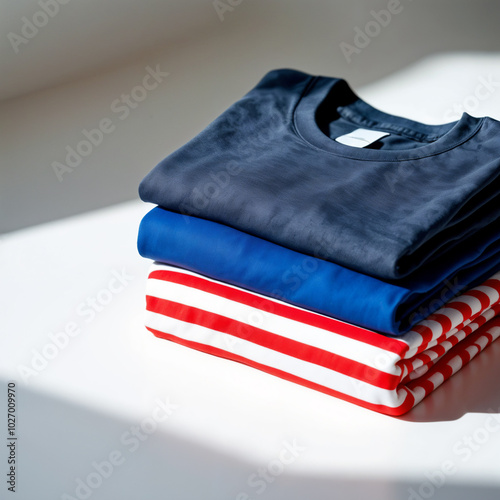 a stack of folded clothes on a white surface. There are some folded clothes in stack being a grey t-shirt