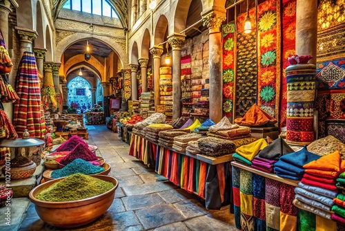 Vibrant Old Souk Market with Colorful Textiles, Spices, and Traditional Architecture in Historic City