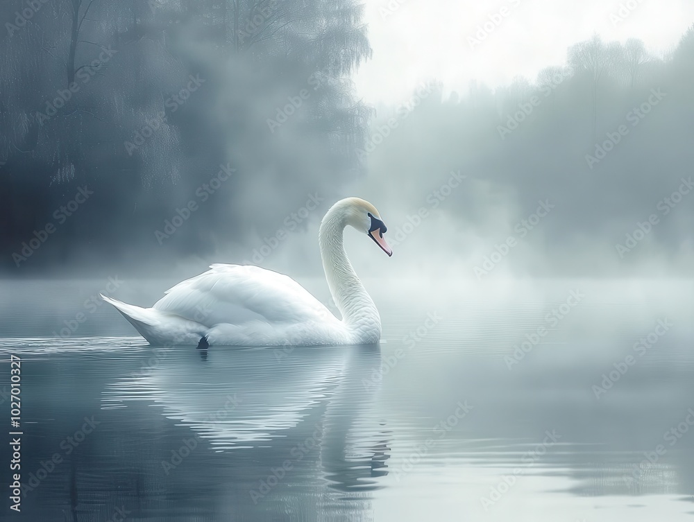 Fototapeta premium majestic white swan gliding gracefully on a serene lake enveloped in soft fog, the tranquil waters reflecting the muted hues of a winter morning sky