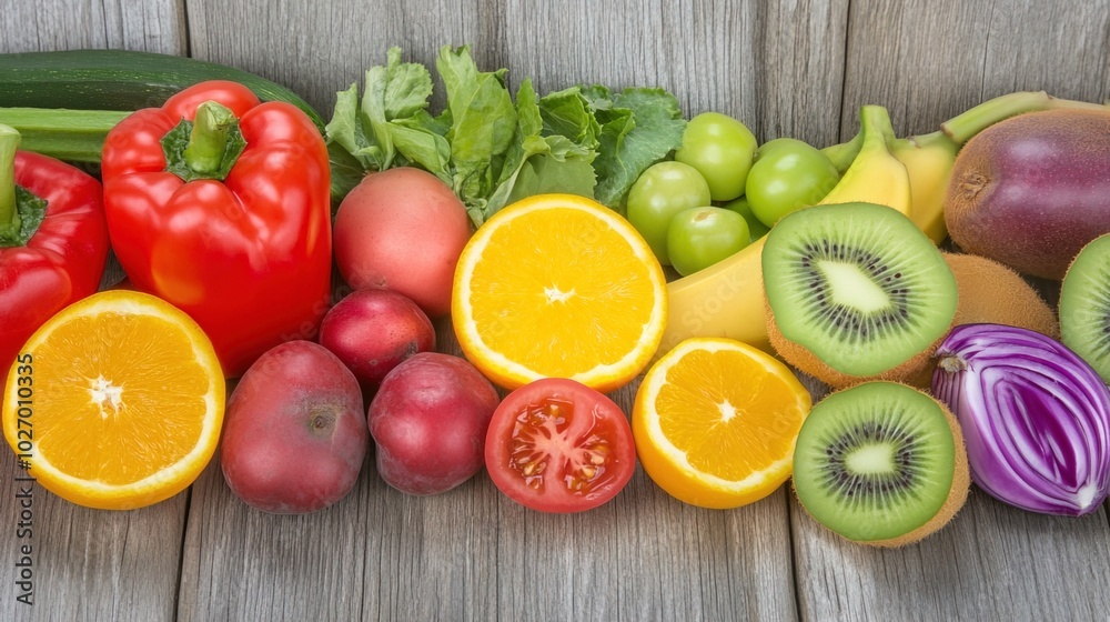 Close-up of vibrant fresh vegetables and fruits on wooden table, healthy blood pressure foods, natural nutrition and wellness concept. Close-up of vibrant fresh vegetables and fruits on wooden table, healthy blood pressure foods, natural nutrition and wellness concept.