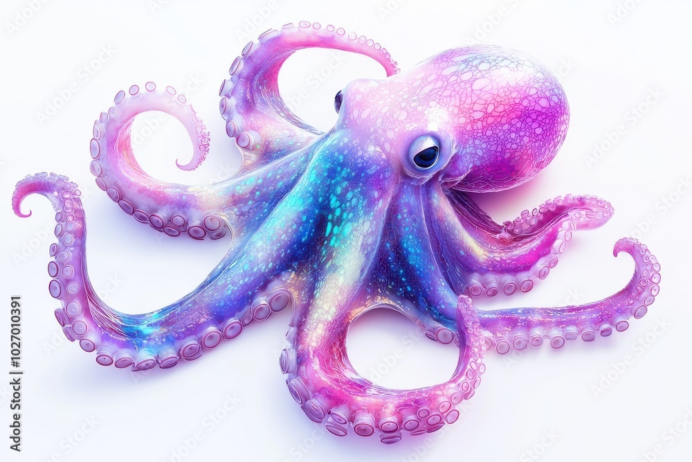 Fototapeta premium A neon style octopus, isolate on white background, glowing with bright colors and modern appeal.