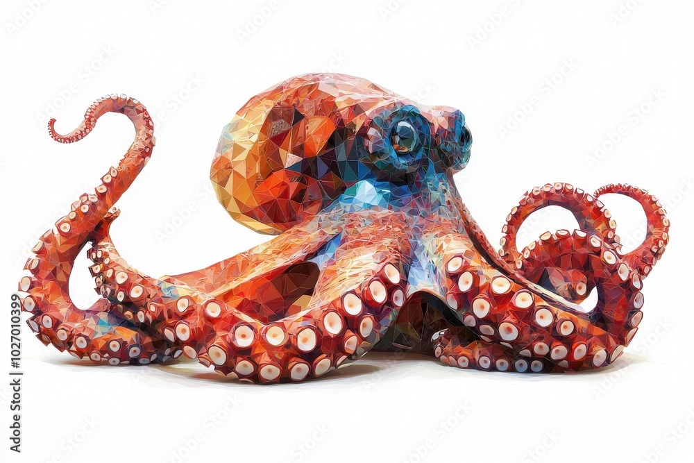 A low polygon style octopus, isolate on white background, designed with geometric shapes and clean lines. A low polygon style octopus, isolate on white background, designed with geometric shapes and clean lines.