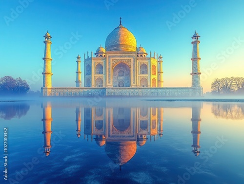 majestic taj mahal standing isolated against a clear blue sky, highlighting its architectural beauty and intricate details, surrounded by a tranquil landscape